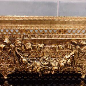 Vintage gold tone filigree metal tissue box